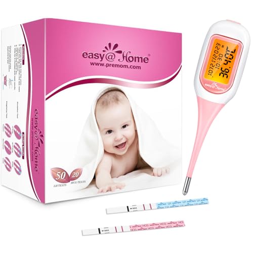 Easy@Home Kit per il Monitoraggio della Fertilità: include un termometro BBT con sincronizzazione automatica e 50 strisce per test di ovulazione e 20 di gravidanza per il monitoraggio della fertilità