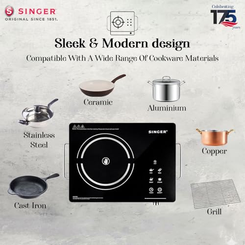 Image of SINGER Infrared Venus Pro 2200W Induction Cooktop | Glass Top | Touch Control | 4 Preset Modes | Zero Flame Cooking | 3-Hour Timer | Suitable for All Utensils | Grill Set Included - Black