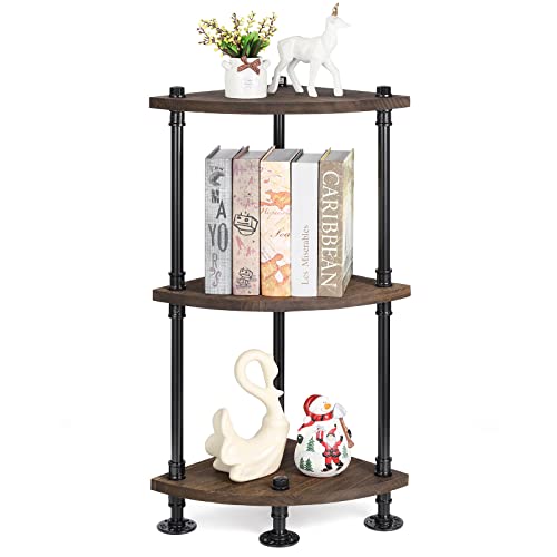 ETELI 3 Tier Corner Shelf Industrial Small Corner Book Shelves Rustic Display Shelves Stand Rack for Living Room Bedroom Bathroom Kitchen, Brown&Black