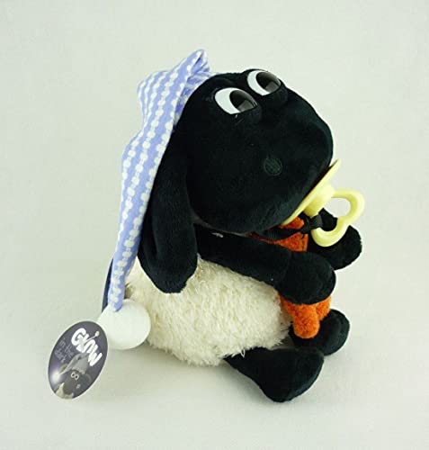 Shaun das Schaf Kuscheltier Timmy mit kleinem Bär, Schnuller und Schlafmütze, 25 cm, Farbe: Weiß/Schwarz
