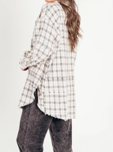 Women's Seams Raw Edge Washed Oversized Shirt Jacket with Pockets,Plaid Button Down Long Shirts Coats3