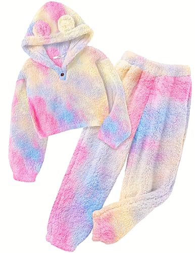 Image of Arshiner Girls 2 Piece Outfits Sweatsuit Fuzzy Long Sleeve Bear Ear Hoodie Sweatshirt and Sweatpant Kids Clothing Sets