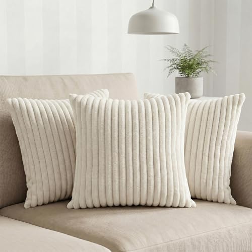 Image of Yellow Weaves Pencil-Stripe Fur Cushion Covers | Soft Polyester | Decorative Sofa & Throw Pillow Covers | 16x16 Inches, Pack of 3 (Ivory)