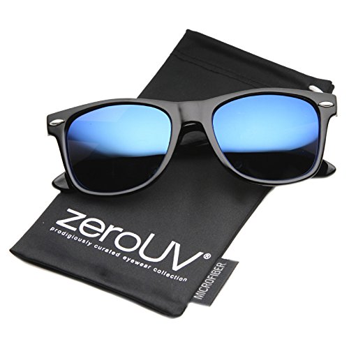 zeroUV Flat Matte Reflective Mirror Color Lens Large Horn Rimmed Style Sunglasses - UV400 (Polarized | Shiny Black/Blue)
