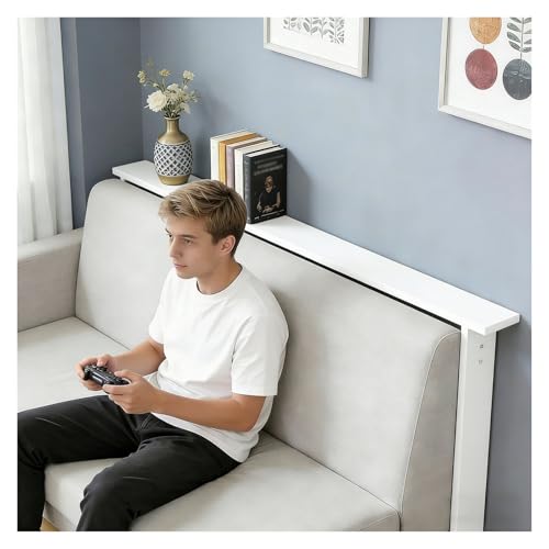 Mesa consola de madera detras del sofa con almacenamiento abierto 2