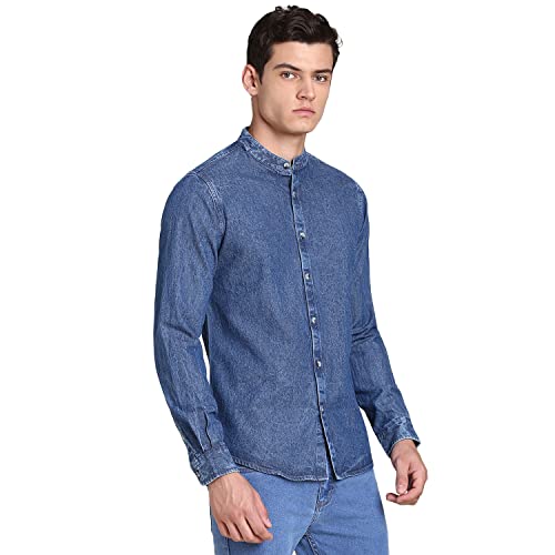 Image of Dennis Lingo Men's Solid Denim Cotton Slim Fit Full Sleeve Mandarin Collar Casual Shirt