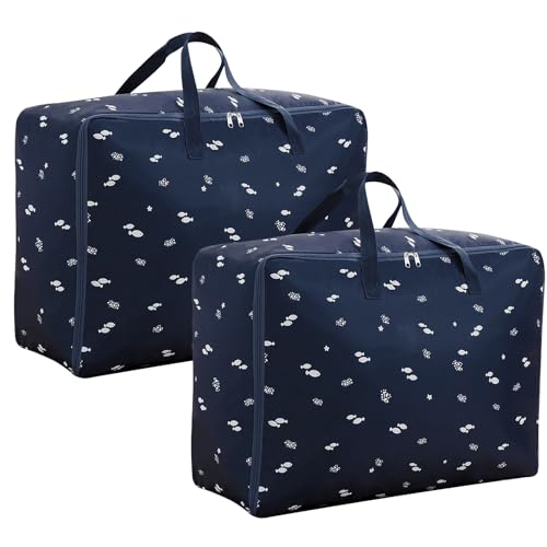 Large Storage Bags 2 Pcs Heavy Duty Moving Bags 98L Laundry Bags with Zips Handles 600D Oxford Underbed Storage Bag for Storage Clothes Bedding Duvet Quilt Blankets, Dark Blue