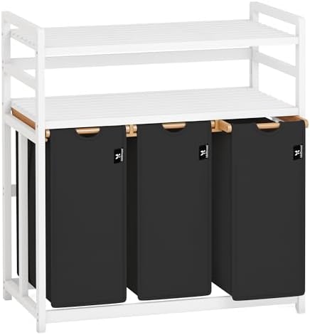 AdelDream Wäschekorb 3 Fächer 150L, Wäschesammler, 2 Ablagen, Bambus | Wäschesortierer 3 x 50L, ausziehbar abnehmbar, Doppelregal, Weißer Bambusrahmen,schwarze Wäschesäcke