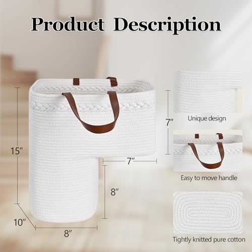 Image of Woven Stair Basket, Stair Baskets for Wooden Stairs, Carpeted Stairs Storage Basket with Handles, Staircase Baskets for Toys, Books, White, 15 inch L x 10 inch W x 15 inch H