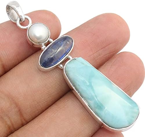 Solid 925 Sterling Silver Pendant For Women & Girls, Pearl, Kyanite & Larimar Pendant Sterling Silver Necklace, Mothers Day, Bridemaids Gift, Hypoallergic Boho Handmade Jewelry