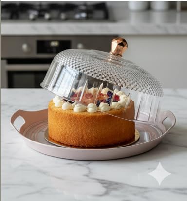 Image of Acrylic Cake Stand with Glass Dome, Round Serving Platter with Lid for Cakes, Cupcakes, Muffins, Pastries & Desserts, Cake Dome for Kitchen, Home Decor, Parties & Gifting Dessert Stand Cupcake Holder
