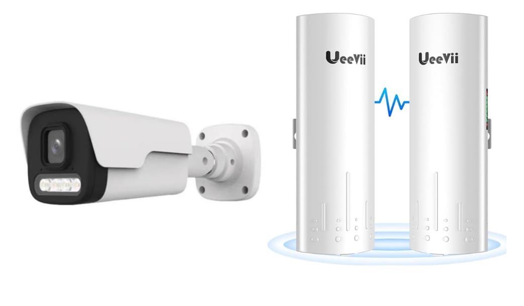 Wireless Bridge & 3MP Security Camera: UeeVii Outdoor 3KM Long Range PtP/PtMP WiFi Bridge & IP Camera Kit, Color Night Vision, Human/Vehicle Detection, Easy DIY Setup for Ranch, Farm Surveillance
