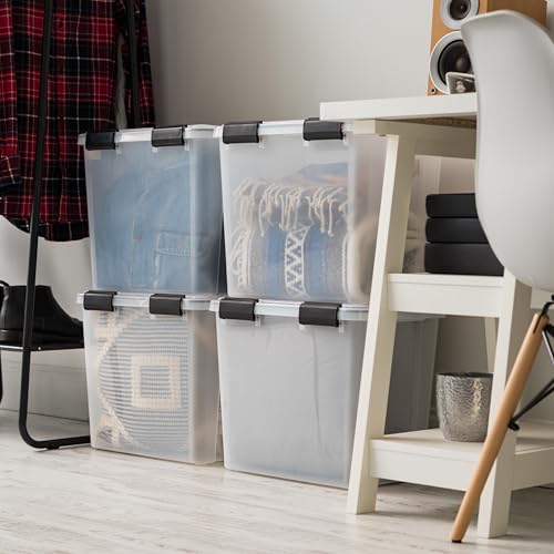 Image of IRIS USA WeatherPro 32 Qt Storage Bins with Lids, 4 Pack, BPA-Free Plastic Gasket Box with Tight Latch and Seal, Stackable Nestable Tote Tub - Clear /Black