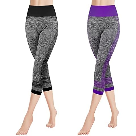 Libella 2er Pack Damen Leggings 3/4 Sporthose High Waist Sportleggins Mehrfarbig Strech Fitness Laufhose Caprihose 4119 Schwarz Lila L XL Cover