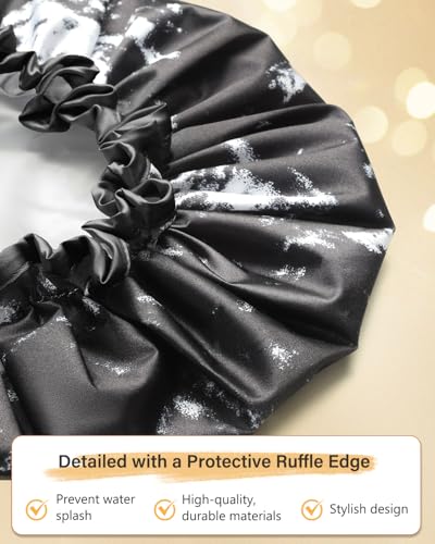 mikimini Large Shower Cap for Women Men Reusable Waterproof, Double Layer Adjustable Hair Cap with Elastic Band for Long Hair & Braids - Classic Black and White Design — view 4