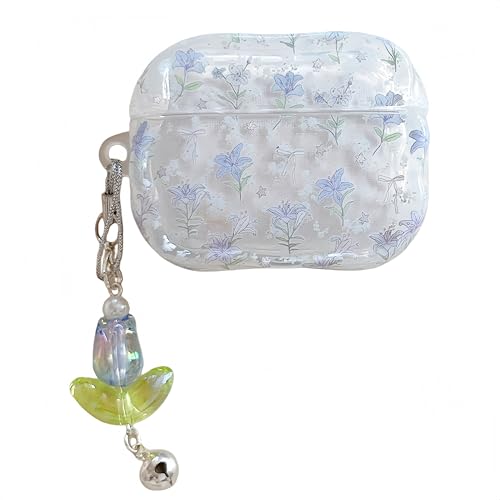 CrazyLemon for Airpods 4 Case Cute Kawaii Floral with Keychain Aesthetic Girly Blue Flowers Pattern Lightweight Soft Slim Thin Shockproof Protective Airpods 4 Case Cover for Women Girls Kids