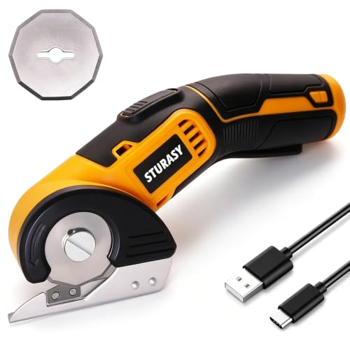 Sturasy Cordless Electric Scissors, Power Cardboard Cutter with Safety Lock, Rechargeable 4V 2000mAh Electric Box Cutter for Cardboard, Fabric, Carpet, Leather, Paper, Plastic, Packages, Rotary Cutter