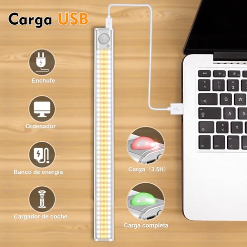 Miniatura 4 de Dfgotop 160led Luz Led Con Sensor De Movimiento, Usb Recargable Luz De Armario, Brillo Regulable Con 4 Modos 3 Colores, Ahorro De Energía Y Alta Luminosidad Para Cocina, Escalera Pasillo Garaje