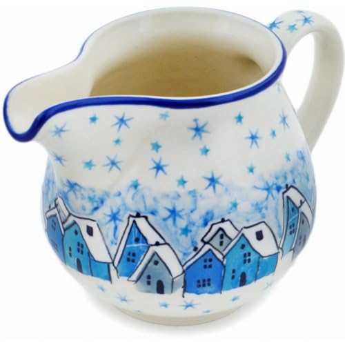 Authentic Polish Pottery Creamer Signature UNIKAT in Snowy Village Design Handmade in Boles?awiec Poland by Ceramika Artystyczna + Certificate of Authenticity