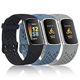 Wizvv Armband kompatibel mit Fitbit Charge 5 Tracker, atmungsaktives weiches Silikon-Sportuhrenarmband, Ersatz für Charge 5 für Damen und Herren, 3 Stück- Schwarz/Blau/Grau