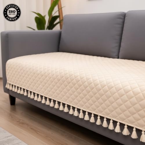 Image of HOMEMONDE 2 Seater Quilted Velvet Sofa Cover with Tassels |Soft, Durable & Premium Fabric with Tassels | Sofa Cover Mats for Living Room, Bedroom, Drawing Room & Office (76 X 122 CM, Beige)