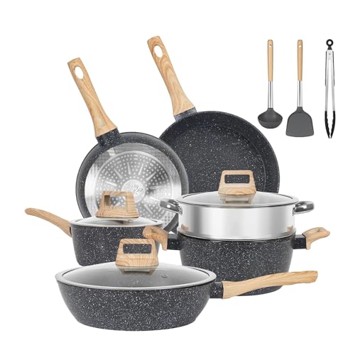 Black Pots and Pans Set, Induction Non Toxic Healthy Kitchen Cooking Set with Frying Pans, Granite Nonstick Cookware Sets, Saucepans, Steamer, PFAS PTFE PFOA PFOS Free, 12Packs