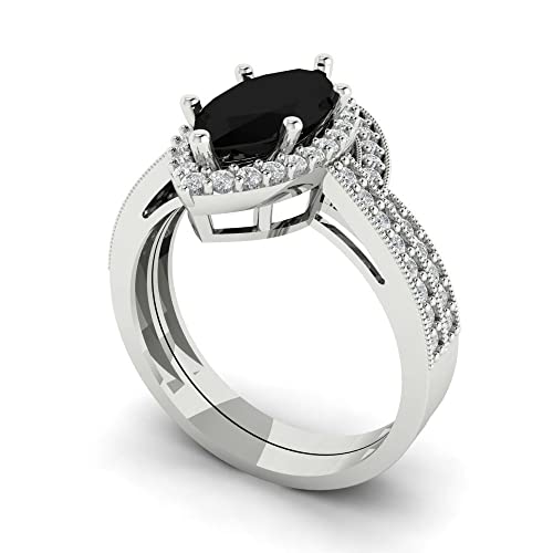 2.48 ct Marquise Cut Natural Onyx 14k White Gold Halo Solitaire with Accents Wedding Bridal Engagement Promise Ring Band Set2