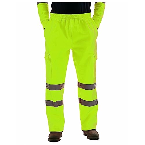 Mens Hi Vis Pants Reflective High Visibility Safety Pants for Men Elastic Waist Cargo Work Pants with Pockets