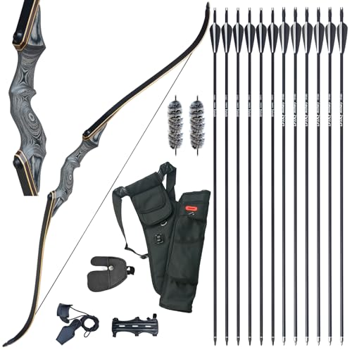 D&Q 60'' Archery Bow and Arrow Set for Adults, Hunting Bow, Recurve Bows for Adults Right Hand, Black Hunter Longbow Bow and Arrow Adult Beginner, Archery Set with 12pcs Fiberglass Arrows (25lbs)