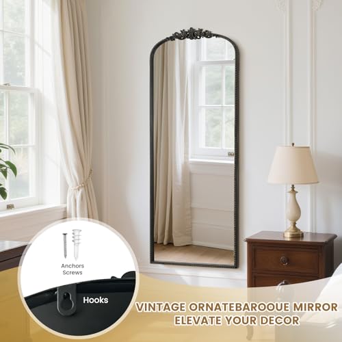 Image of WallBeyond Arched Full Length Mirror Wall Mounted, 21x56 Inch Black Antique Mirror, Vintage Metal Frame Full Body Mirro for Bedroom, Living Room, Hanging or Leaning