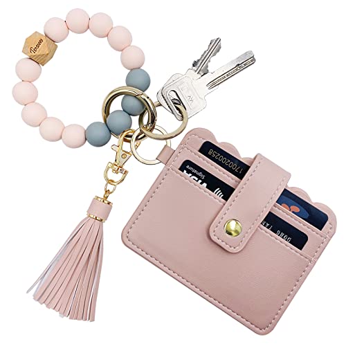 TSNSOEEO Keychain Wallet Wristlet Small Credit Card Holder Bracelet Key Chain Purse Bangle Tassel Beads Key Rings for Women