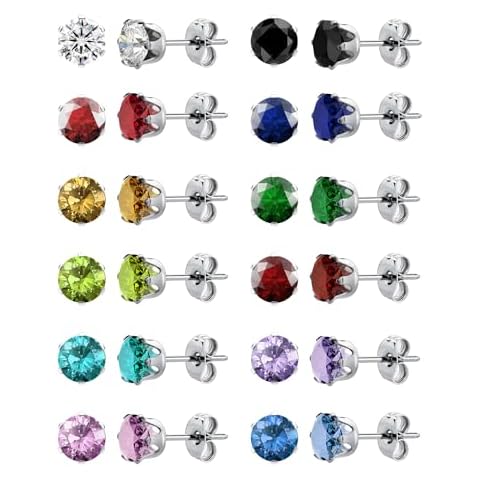 12 Pairs Silver Earrings Surgical Steel Earrings Women's Earrings Hypoallergenic Earrings Set Men's Earrings 12 Colors CubicZirconia Studs Earrings Cover