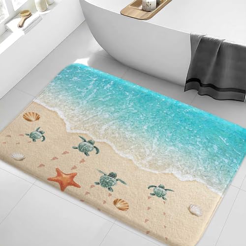 Cute Ocean Bath Mat, Turtle Starfish Beach Teal Blue Bathroom Rugs, Absorbent Bath Rug Floor Rug Carpet for Bathroom Bedroom Living Room, 17 x 29 Inches