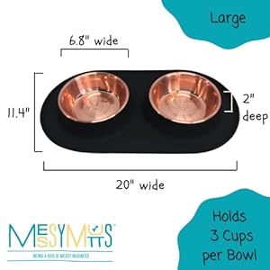   Messy-Mutts-Double-Silicone-Feeder-with-Copper-Colored-Stainless-Bowls-Non-Skid-Food-Dishes-for-Dogs-for-All-Pets-Dog-Food-Bowls-Large-3-Cups-Per-Bowl-Black