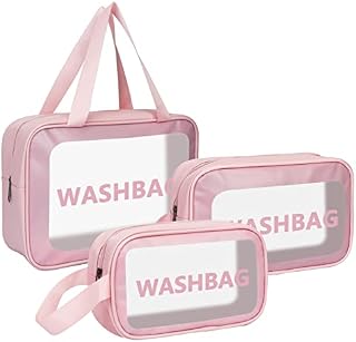 Unaone 3 Pieces Toiletry Bag for Women and Men, Matte Translucent Makeup Cosmetic Bag with Handy Handle, Water - Resistant Travel Organizer for Accessories (Pink)
