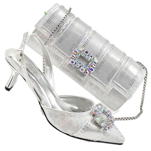 Ensemble chaussures talons hauts strass et sac de cérémonie argenté