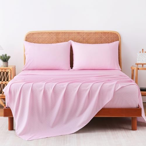Image of MCO 4Pieces Polka Dot Sheets Set, Breathable Queen Sheet Set with 16 inch Deep Pocket,Modern & Luxury, Brushed Microfiber Bedding Set(Queen, Polkadot Pink)