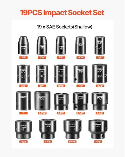 Image of VEVOR Impact Socket Set 1 /2 Inches 19 Piece Impact Sockets, 1 /2 Inches Drive Socket Set Impact 6-point Hex Sockets Standard SAE (3 /8 Inches to 1-1 /2 Inches) Standard Socket Assortment