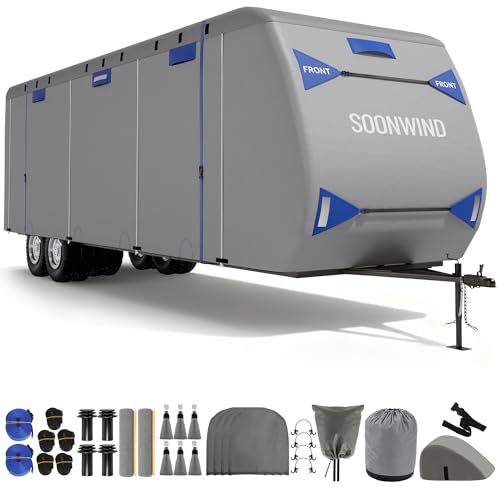 SOONWIND Heavy Duty 7 Layers RV Cover, Camper Cover & Travel Trailer Cover 27-30ft, Waterproof Windproof All-Weather Protection with Tongue Jack Cover, Gutter Covers & Reinforced Straps - Blue