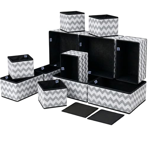 Image of Skrill 12-Piece Foldable Cloth Storage Box Set | Cube Baskets, Bins & Dividers for Closet & Dresser Drawer Organization | Storage for Shirts, Pants, Underwear, Bras, Socks & More (Zigzag Waves Grey)
