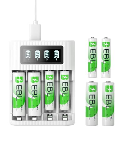 EBL 4 Ranuras Cargador Inteligente de Pilas AA AAA Recargables Ni-MH, 4 x 2800mAh Pilas AA, 4 x 1100mAh Pilas AAA, Puerto Micro USB/Tipo C