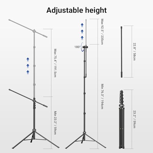 Image of NEEWER Mic Stand Floor, Microphone Tripod with Boom Arm, Heavy Duty Adjustable Stand & Arm with 2 Mic Holder Clamps, 3 Cable Clips, Bag, 3 /8 inch to 5 /8 inch Adapter for Singing Podcast Recording, MS046