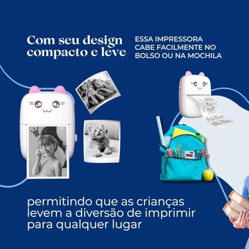 Mini Impressora Térmica Portátil Gatinho – Bluetooth, 200DPI, Sem Fio, Com 5 Rolos de Papel e Cabo U