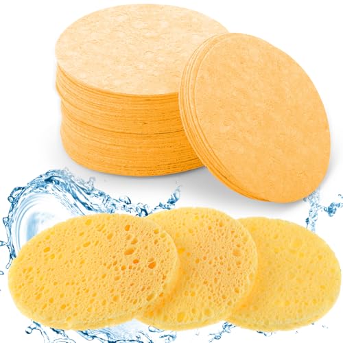 60Pcs Facial Sponges Compressed Face Sponges Cleansing 100％ Natural Wood Pulp Cotton Face Exfoliator Pad Sponge Face Cleansing Pads for Daily Skin Care Deep Cleaning Makeup Removal (Yellow)