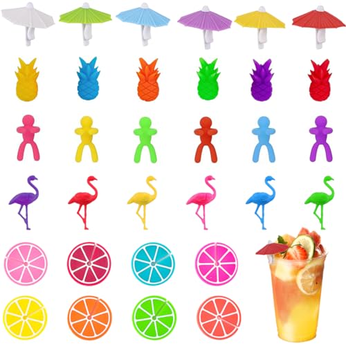 Marque Verre à Vin, 32 Pièces Marqueur Verre Marque Verre A Pied, Marqueurs de Verre Réutilisables, Identificateur De Verre À Vin En Silicone, Marqueur De Verre pour Verre à Cocktail, Verre à Boire