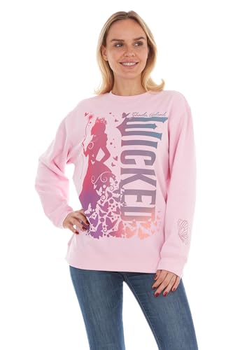 Wicked Glinda Womens Ladies & Juniors Pink Crewneck Sweatshirt with Glitter Sleeve & Screen Print Graphic