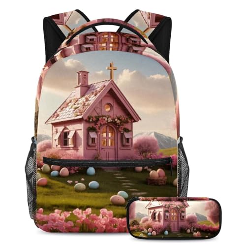 Sac à dos et trousse pour le collège et l'école. Kit scolaire rose maison de Pâques multicolore.