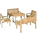 Outsunny 5 Piece Wooden Patio Dining Set for 6, Outdoor Conversation Set with 2 Armchairs, 2 Loveseats, and Dining Table with Umbrella Hole for Backyard, Garden, Light Brown