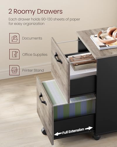 Image of VASAGLE 2-Drawer File Cabinet, Small Rolling Filing Cabinet for Home Office, Printer Stand, for A4, Letter-Size Documents, 15.7 x 16.5 x 27.6 Inches, Heather Greige and Ink Black UOFC040B02