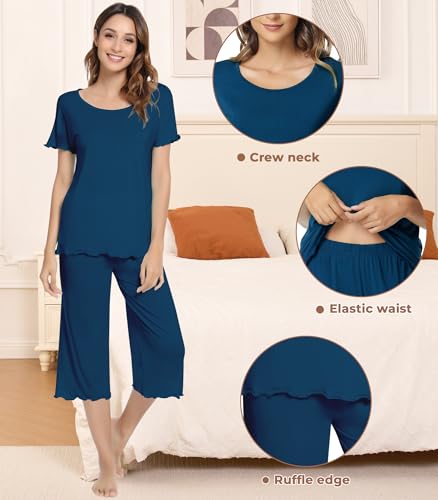 Image of NACHILA Women's Bamboo Viscose Pajama Sets Summer Cooling Short Sleeve Capri Soft Pjs Night Sweats Moisture Wicking Sleepwear